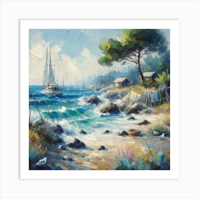 Sailboats On The Beach, Acrylic Painting Style 2 Art Print