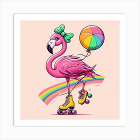 Flamingo with roller skates Art Print