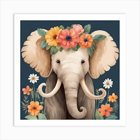Floral Baby Mammoth Nursery Illustration (16) Art Print