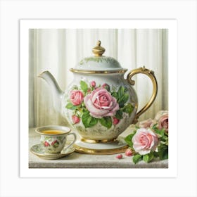 A very finely detailed Victorian style teapot with flowers, plants and roses in the center with a tea cup 19 Art Print