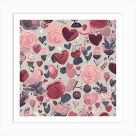 Seamless Pattern With Hearts And Flowers Art Print