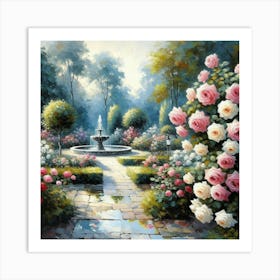 Rose Garden With The Fountain, Acrylic Style Painting 13 Art Print