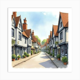 An English Street With Charming Period Architecture And Bustling Shops, Watercolor Art Print