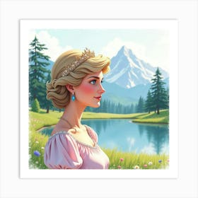 Watercolor Princess Diana With A Tranquil Mountain View 1 Art Print