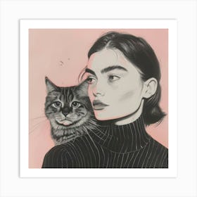Portrait Of A Woman With A Cat Art Print