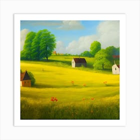 A vibrant summer landscape painting featuring a rolling plain of lush green grass and towering trees Art Print