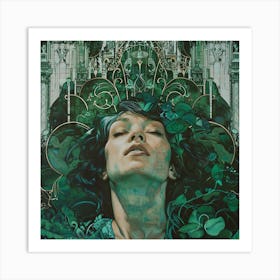 Woman With Green Leaves Art Print