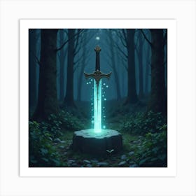 Runes Glowing On A Sword Stuck In A Stone In The Forest 1 Art Print