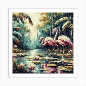 Flamingos In The Water Art Print