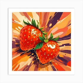 Two Juicy, Red Strawberries With Green Leaves, Surrounded By A Colorful, Abstract Background Resembling A Splattered Paint Effect Art Print