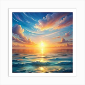 A digital illustration of a serene ocean scene with a bright sunset and clouds. Art Print