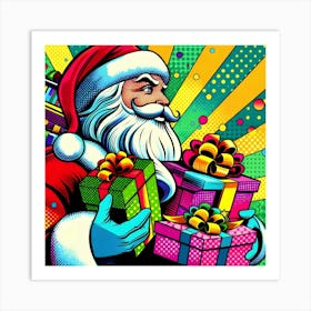 Pop Art Santa Claus with Christmas Gifts Vibrant Digital Illustration Art Print