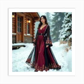 Woman In A Burgundy Dress In The Snow Art Print