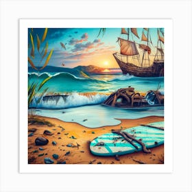 Beach Scene Sailing Ship Wreck In The Foregroun 1 Art Print