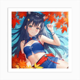 Anime Girl In Autumn Leaves Art Print