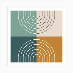 Abstract Rainbow Line and Colour Blocks I in Gold Beige Forest Sage Green, Midcentury Modern Design 1 Art Print