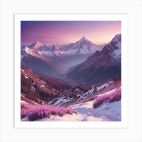 Snowy Mountains At Sunset Paintings Art Print Art Print