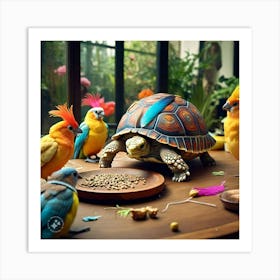 Tortoise With Feather On Is Shell Sneaking Into The Bird S Party And Making Himself At Home (1) Art Print