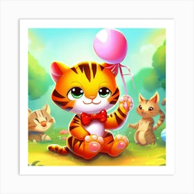 Cute Tiger With A Balloon Illustration Art Print