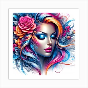 Girl With Colorful Hair And Flowers Art Print