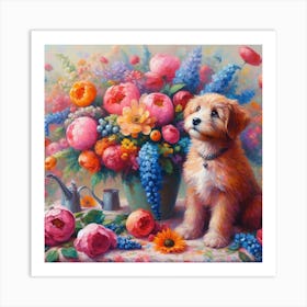 Puppy With Flowers Art Print