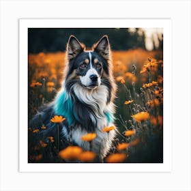 Collie Dog In A Field Of Flowers Art Print