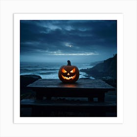 Jack O Lantern With A Glaring Eye Atop A Wooden Table On A Skittish Misty Coastline During Dusk S (6) Art Print