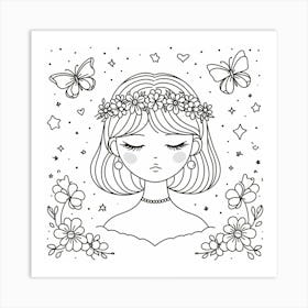 A Simple and Elegant Line Art Portrait of a Girl with Pearl Earrings and a Flower Crown, Surrounded by Butterflies and Stars 1 Art Print