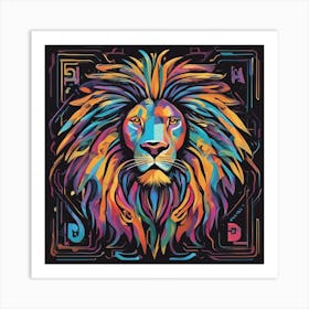 An Image Of A Lion With Letters On A Black Background, In The Style Of Bold Lines, Vivid Colors, Gra (1) Art Print