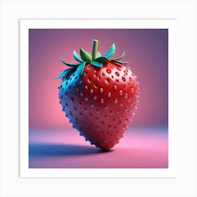 A Stylized Strawberry With A Vibrant Red Hue, Illuminated With Blue And Pink Lighting, Floating Against A Blurred Pink Background Art Print