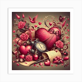 Valentines Day, Hearts And Flowers  Art Print
