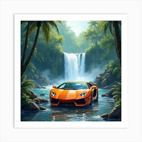 Lamborghini Aventador By A Watercolor Waterfall In A Tropical Forest 1 Art Print