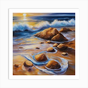 The sea. Beach waves. Beach sand and rocks. Sunset over the sea. Oil on canvas artwork.39 Art Print