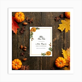 An Autumn Themed Holiday Card Adorning A Vintage Rustic Wooden Finish Laden With A Hand Drawn Dispu (1) Art Print