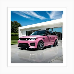 A Sleek Pink Range Rover Sport With A High Gloss Finish In Front Of Modern Mansion 2 Art Print