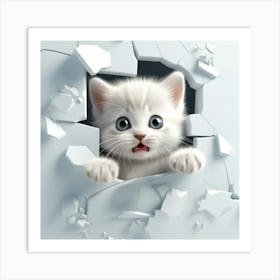 White Kitten Peeking Out Of A Hole 1 Art Print