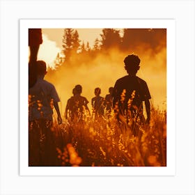 Silhouette Of People In A Field Art Print