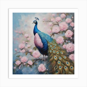 Peacock With Pink Roses Art Print