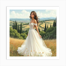 Elegant Italian Bride In Watercolor, With A Stunning Tuscan Landscape Behind Art Print