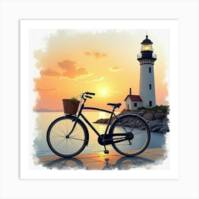 Elegant Bike By A Historical Lighthouse With A Sunset Watercolor 1 Art Print