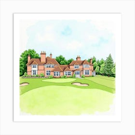 Watercolor Painting Of The Stoke Poges Golf Club, Highlighting Its Classic Architecture And Scenic Landscape Art Print