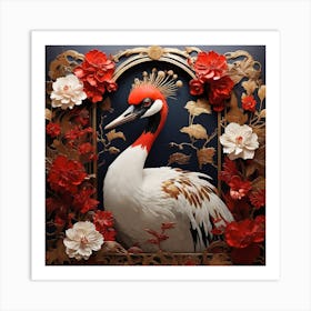 Crane With Red Flowers Art Print