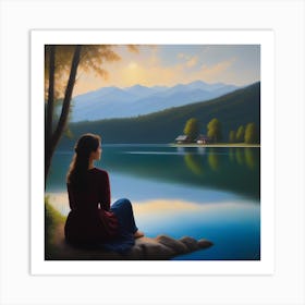 Woman Sitting By Lake Art Print