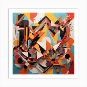 A dynamic abstract artwork with bold geometric shapes, vibrant colors, and intricate patterns. The composition should have a modern, minimalistic feel with a focus on symmetry and contrast 3 Art Print