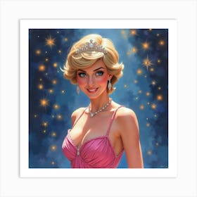 Elegant Princess Diana In A Watercolor Scene Of Shimmering Lights 1 Art Print