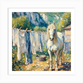 Horse By The Washing Line Art Print