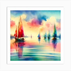 Sea Boats People Artwork Painting Square Art Print