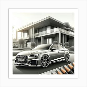 A Pencil Drawing Of A Audi Rs4 In Front Of A Beautiful Modern Mansion 3 Art Print