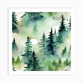 Appalachian Mountains of Misty Pines Watercolor Print of Evergreen Forest..373 Art Print