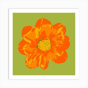 COSMIC COSMOS Single Abstract Floral Summer Bright Flower in Coral Orange Yellow on Lime Green Art Print